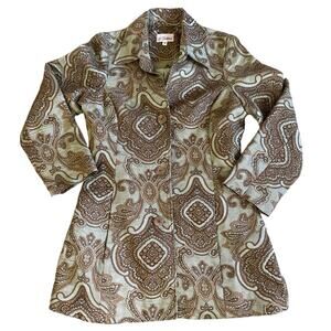 Women’s 3 Sisters Cream Green Paisley Button Pea Coat Size Medium